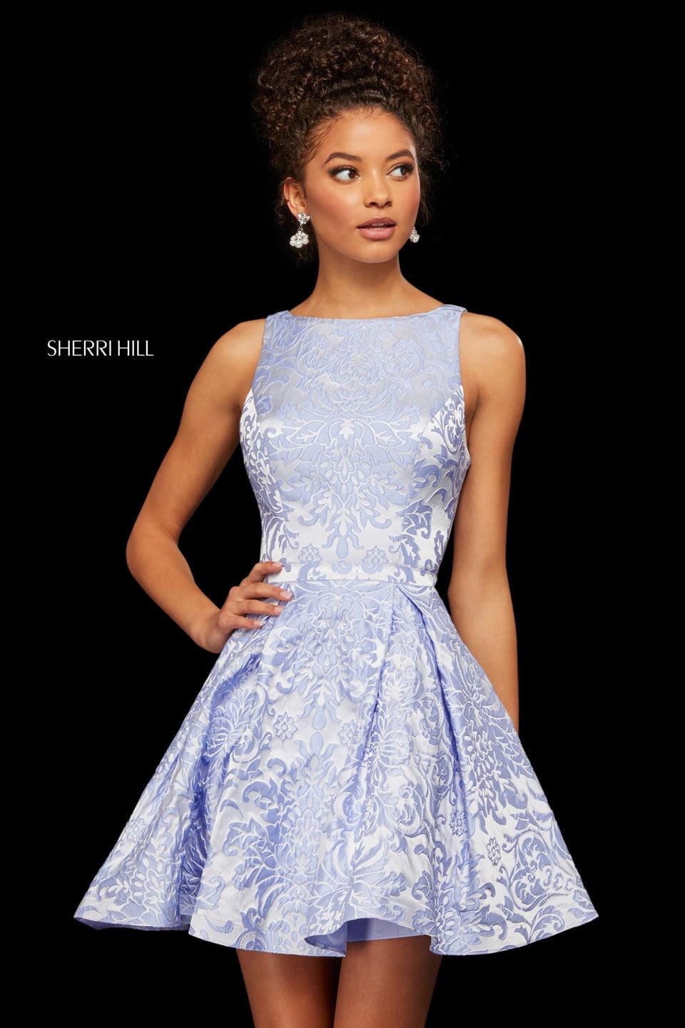 sherri hill Brocade A-line cocktail dress with a boat neckline and cut out back