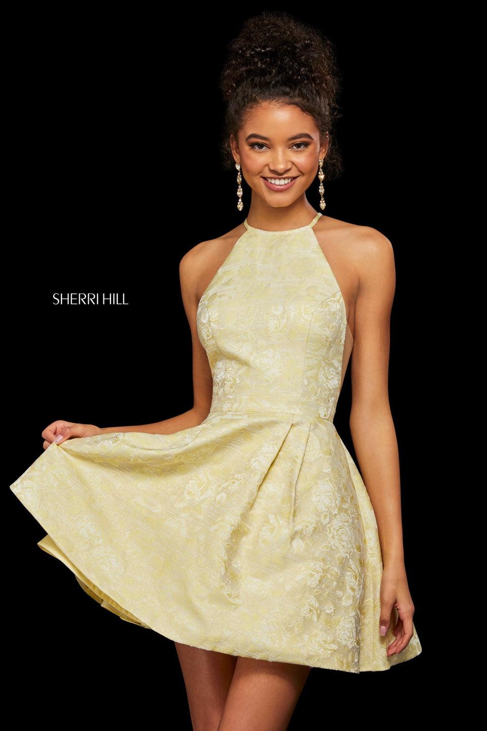 Sherri Hill Brocade A-line Cocktail Dress With A High Halter Style Neckline And Illusion Side Cut Outs
