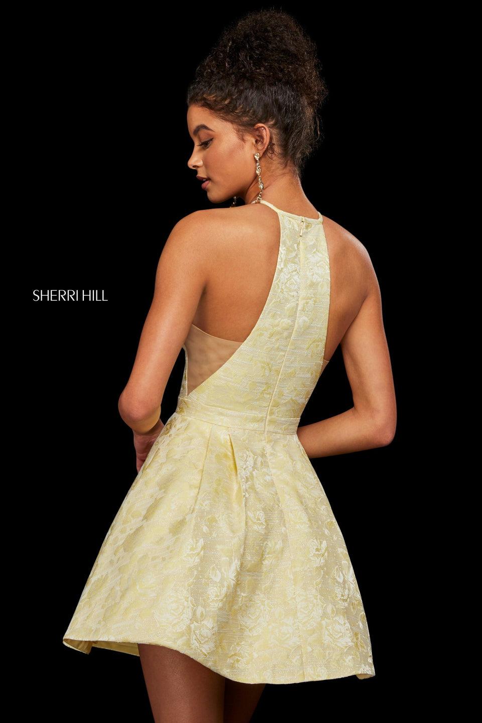 Sherri Hill Brocade A-line Cocktail Dress With A High Halter Style Neckline And Illusion Side Cut Outs