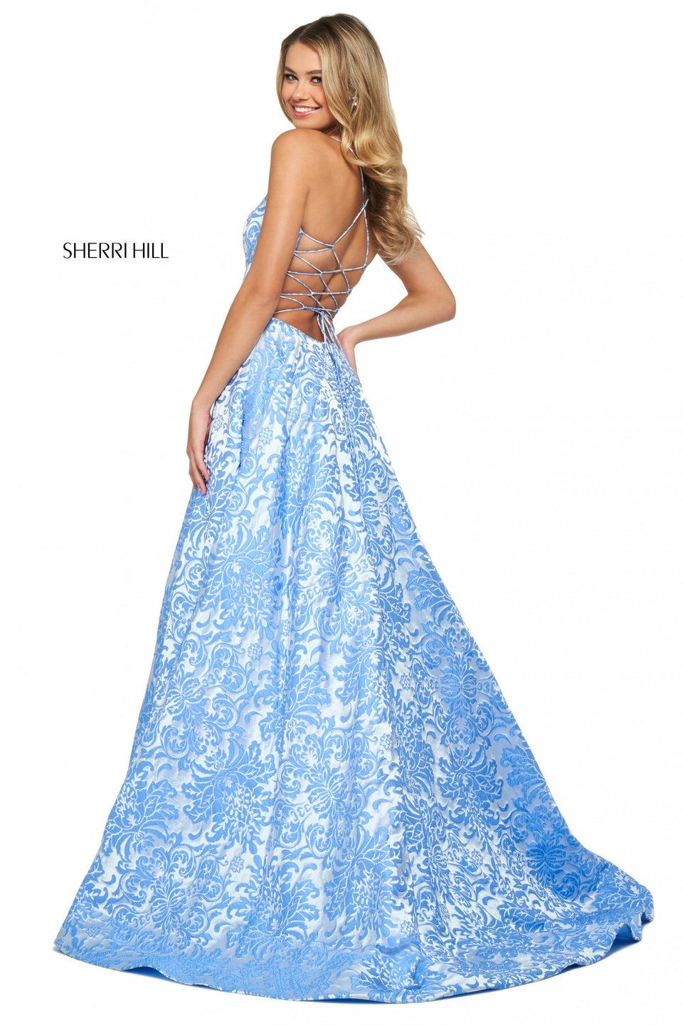 sherri hill Brocade A-line gown with V sweetheart neckline and wide loop lace up back