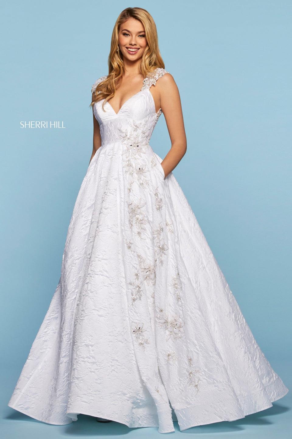 Sherri Hill Brocade Ball Gown With Sweetheart Neckline And Cap Sleeves With Beading And Embroidery