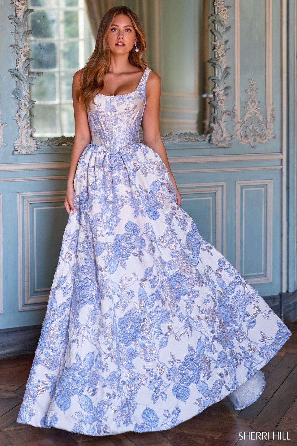 sherri hill Brocade ballgown with corset bodice and pearl embellishments