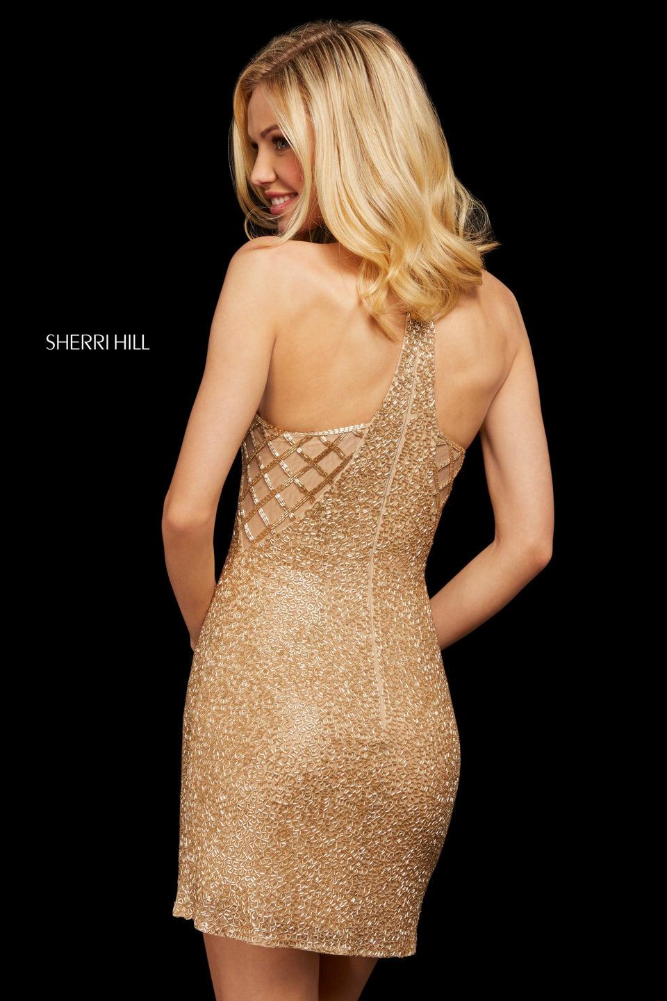 Sherri Hill Bugle Beaded Cocktail Dress With High Halter Style Neckline And Criss-cross Beaded Illusion Side Cut Outs