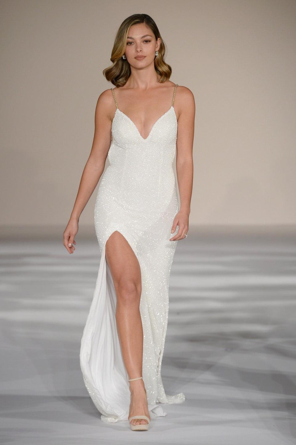 Sherri Hill Bugle Beaded Gown With Deep V Neckline High Slit And Beaded Butterfly Back