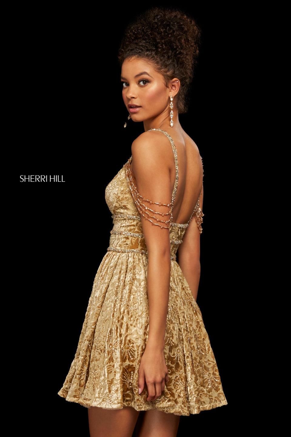 sherri hill Burn out velvet cocktail dress with sweetheart neckline and draped beaded shoulder detailing