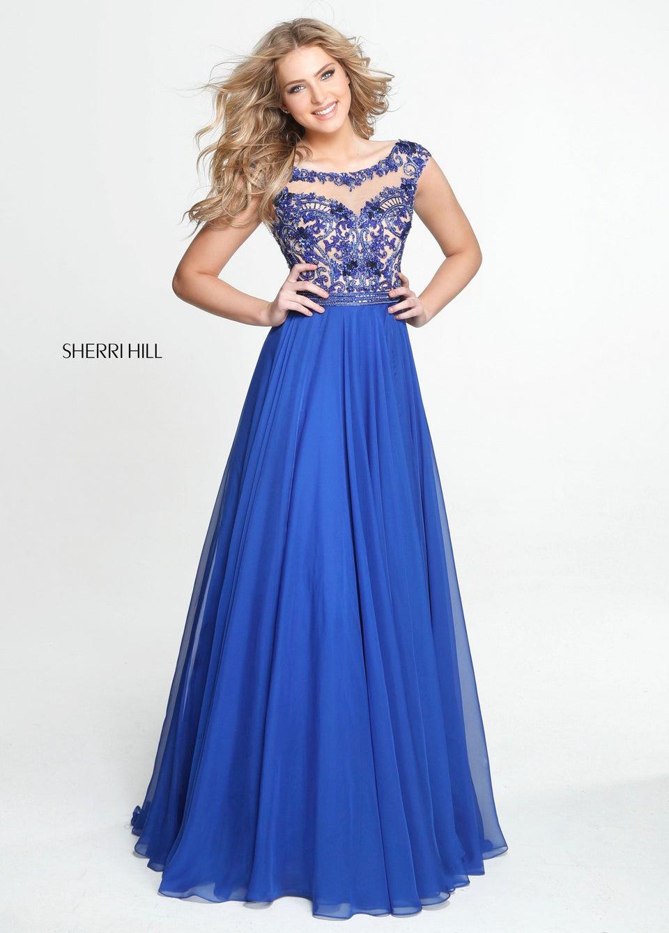 sherri hill Cap sleeve chiffon with a sequin beaded bodice and waist band