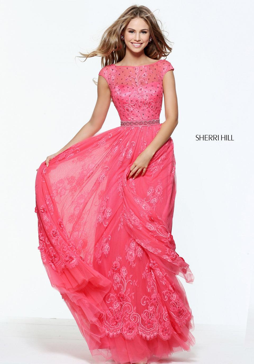 Sherri Hill Cap Sleeve Lace A-line Gown With A Beaded Waist Band