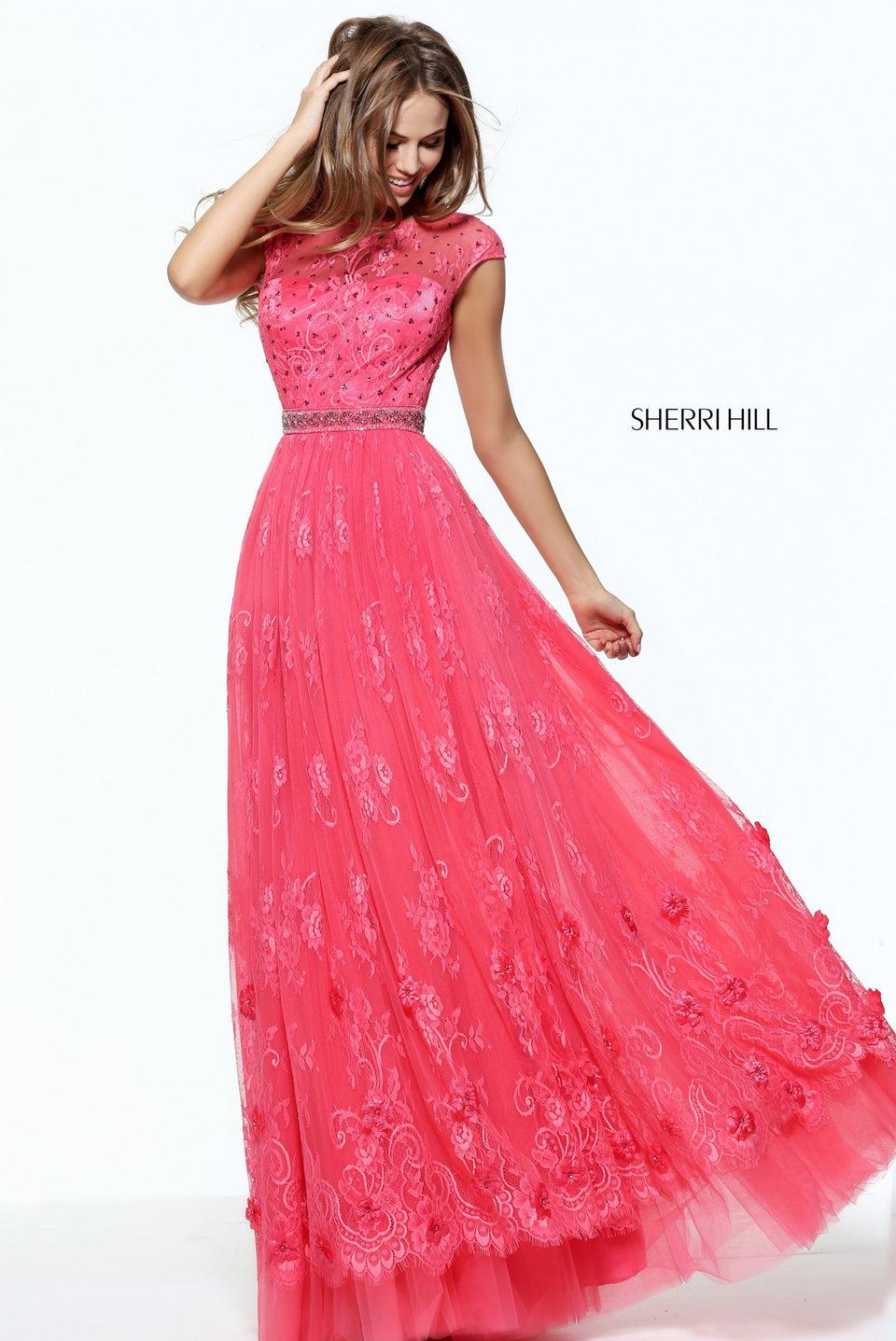 sherri hill Cap sleeve lace A-line gown with a beaded waist band