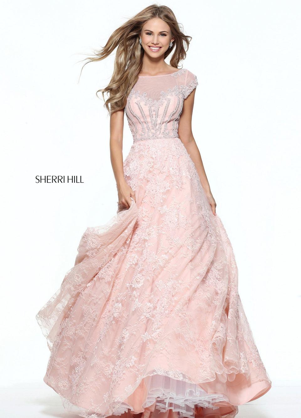 Sherri Hill Cap Sleeve Lace Ball Gown With A Pearl And Rhinestone Beaded Bodice