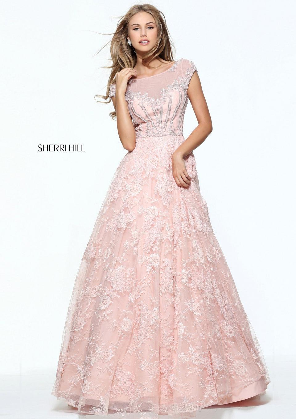 sherri hill Cap sleeve lace ball gown with a pearl and rhinestone beaded bodice