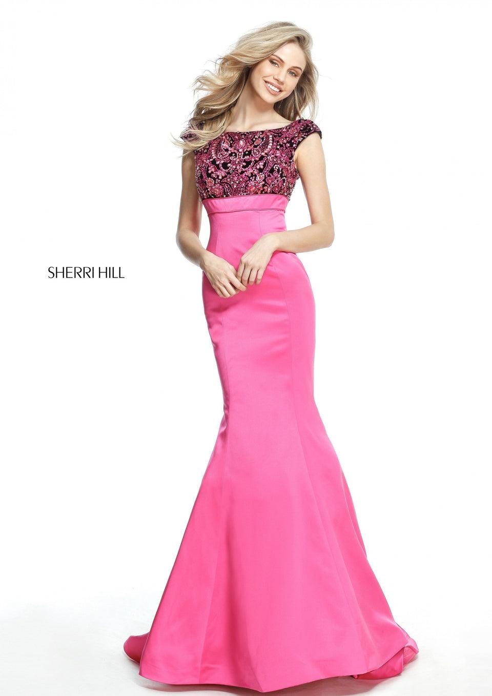 Sherri Hill Cap Sleeved Beaded Bodice With Low Back And Taffeta Mermaid Skirt