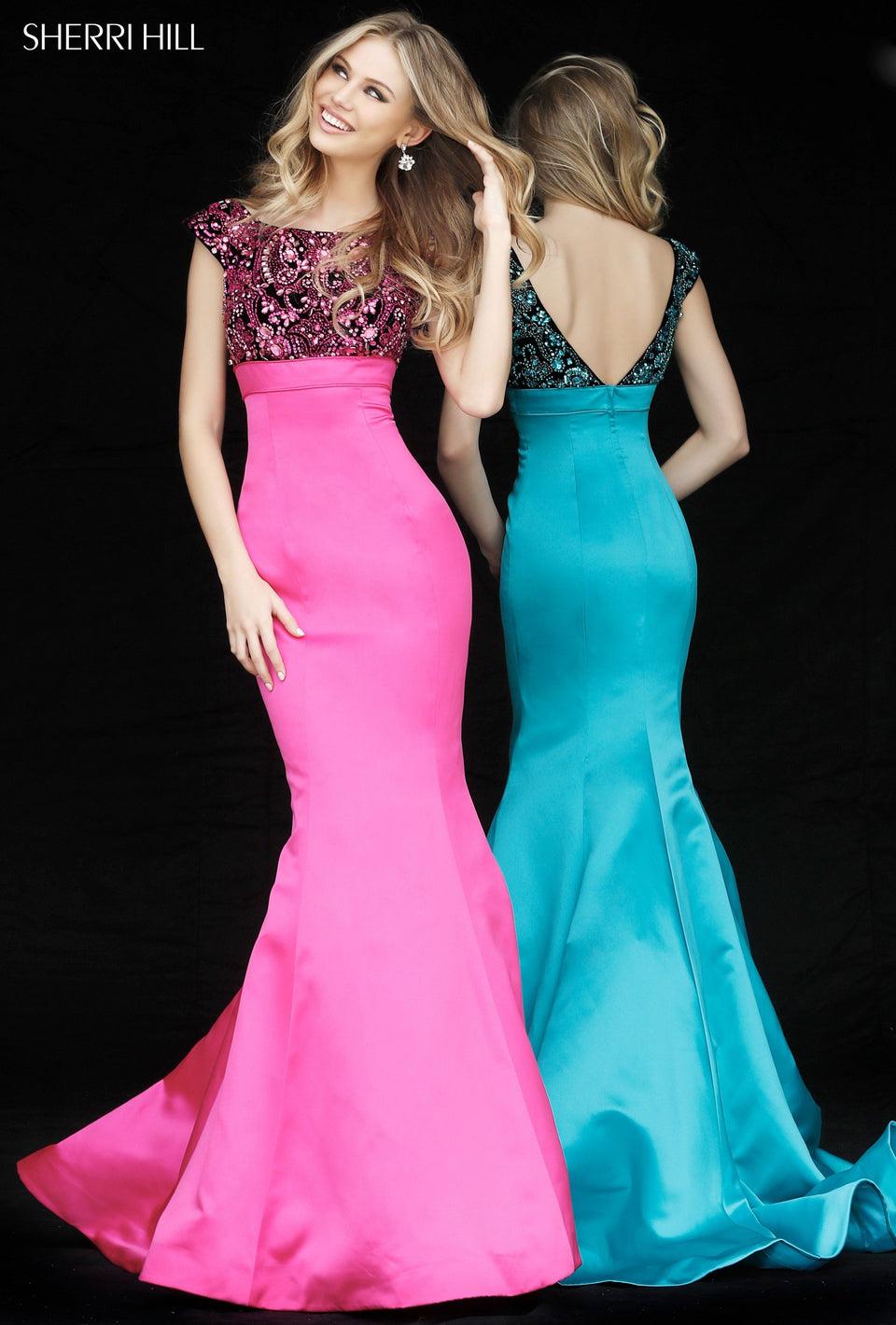 Sherri Hill Cap Sleeved Beaded Bodice With Low Back And Taffeta Mermaid Skirt