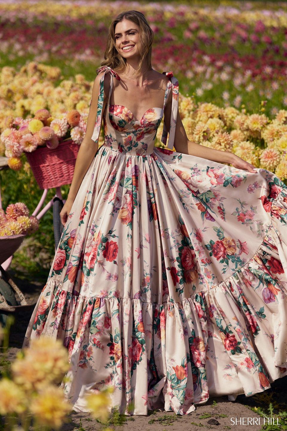 Sherri Hill Champagne Floral Print Satin Ball Gown With Sweetheart Neckline And Ribbon Bow Straps