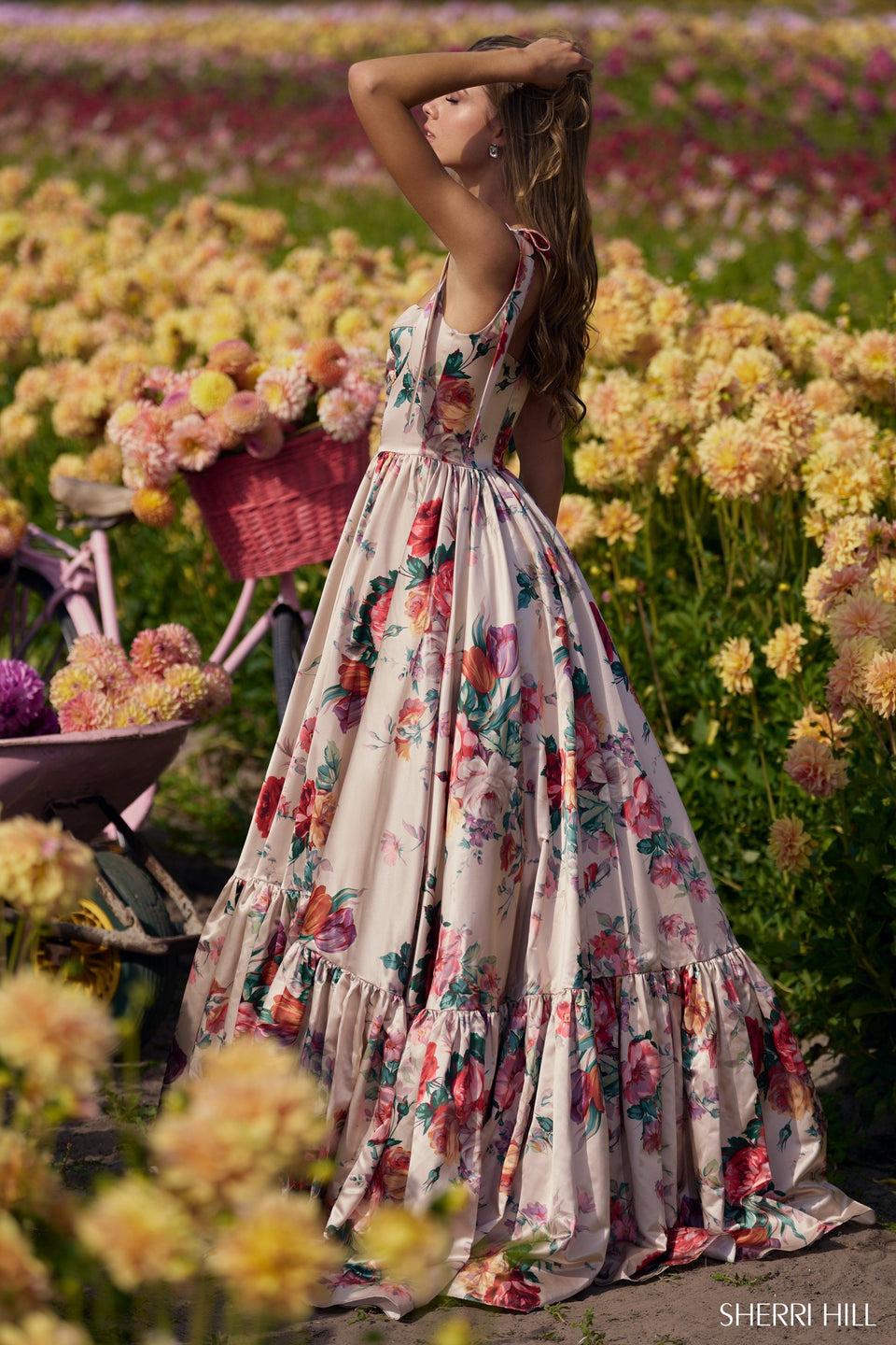 sherri hill Champagne floral print satin ball gown with sweetheart neckline and ribbon bow straps