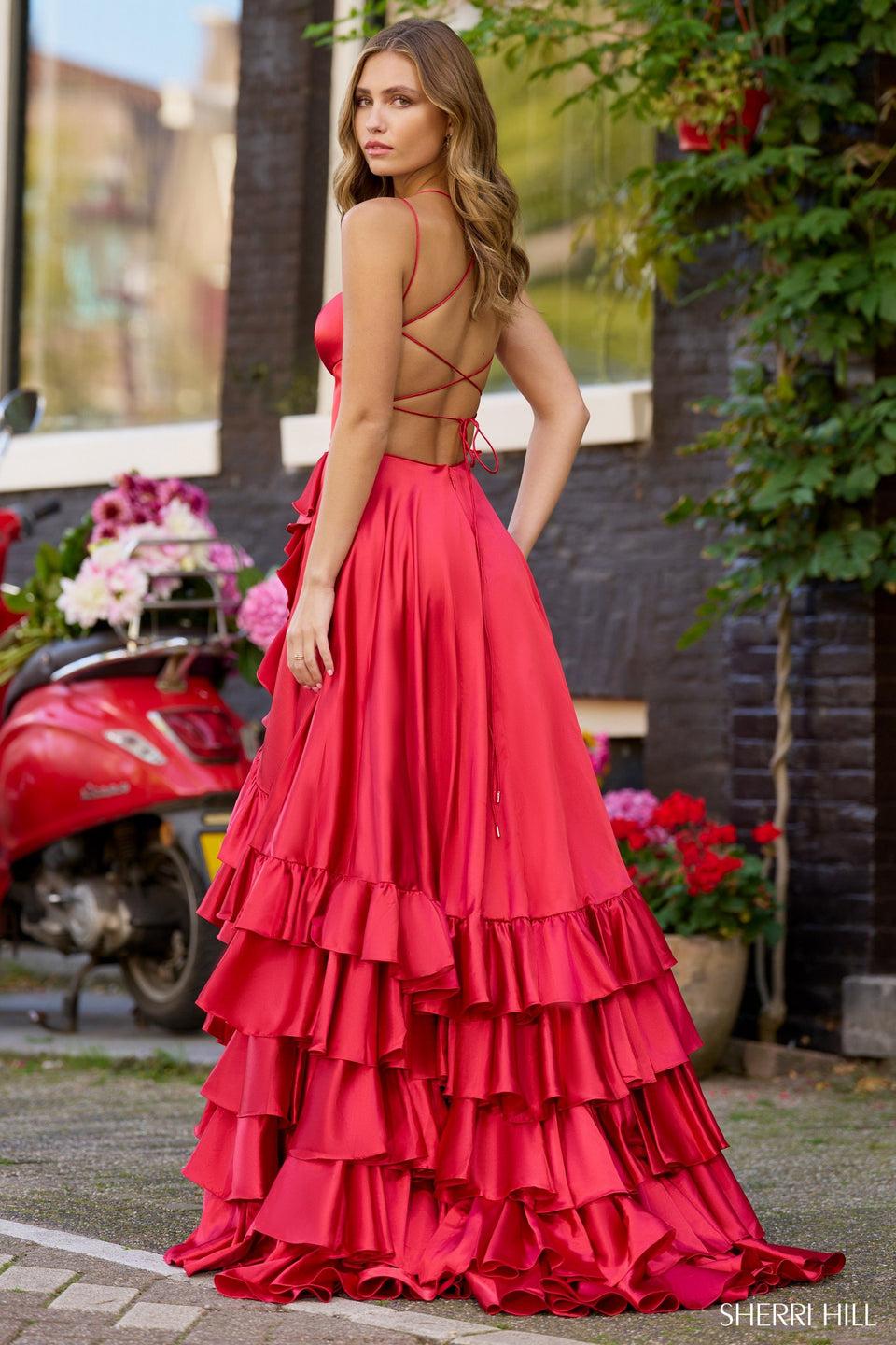 Sherri Hill Charmeuse A-line Ruffle Gown With Lace Up Back And Slit