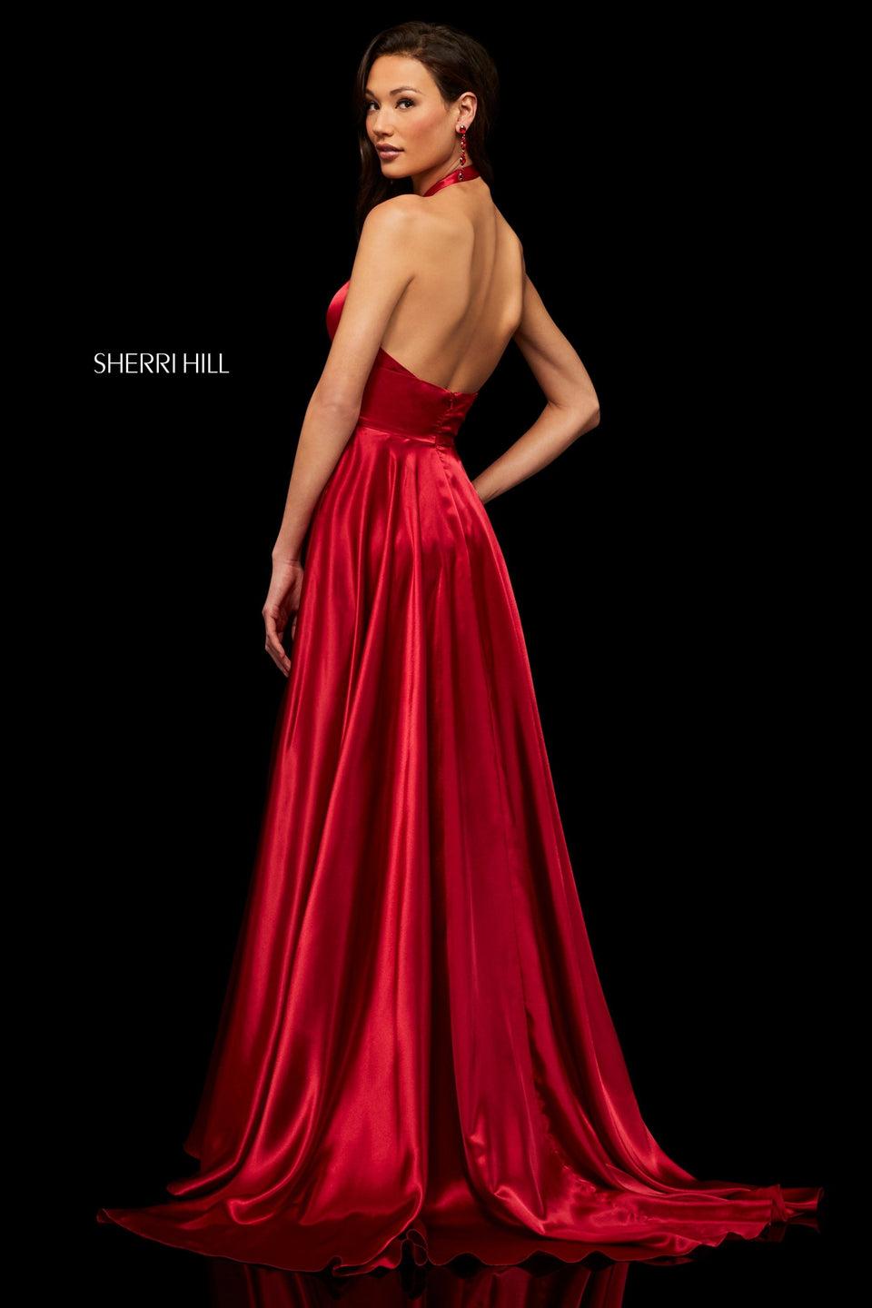 Sherri Hill Charmeuse Gown With Criss-cross Halter Neckline And Skirt Slit