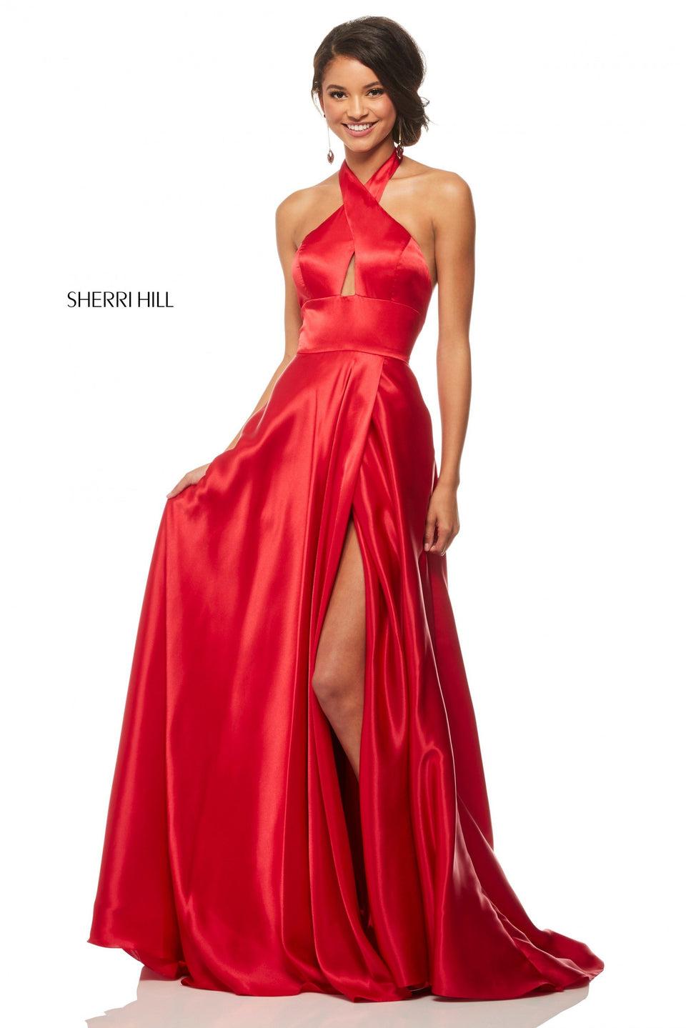 sherri hill Charmeuse gown with criss-cross halter neckline and skirt slit