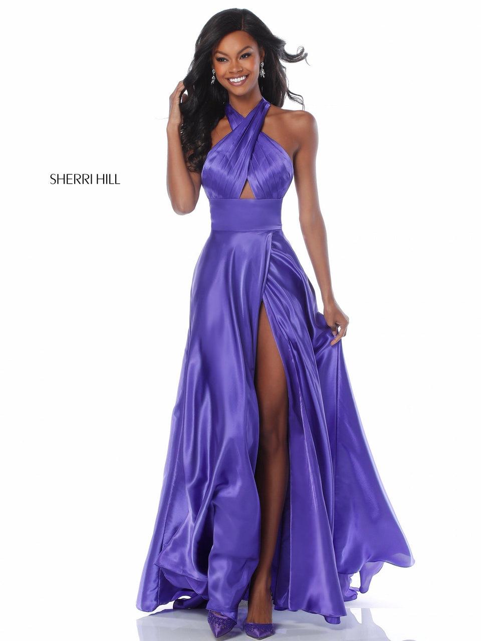 sherri hill Charmeuse gown with cross front halter bodice and slit skirt