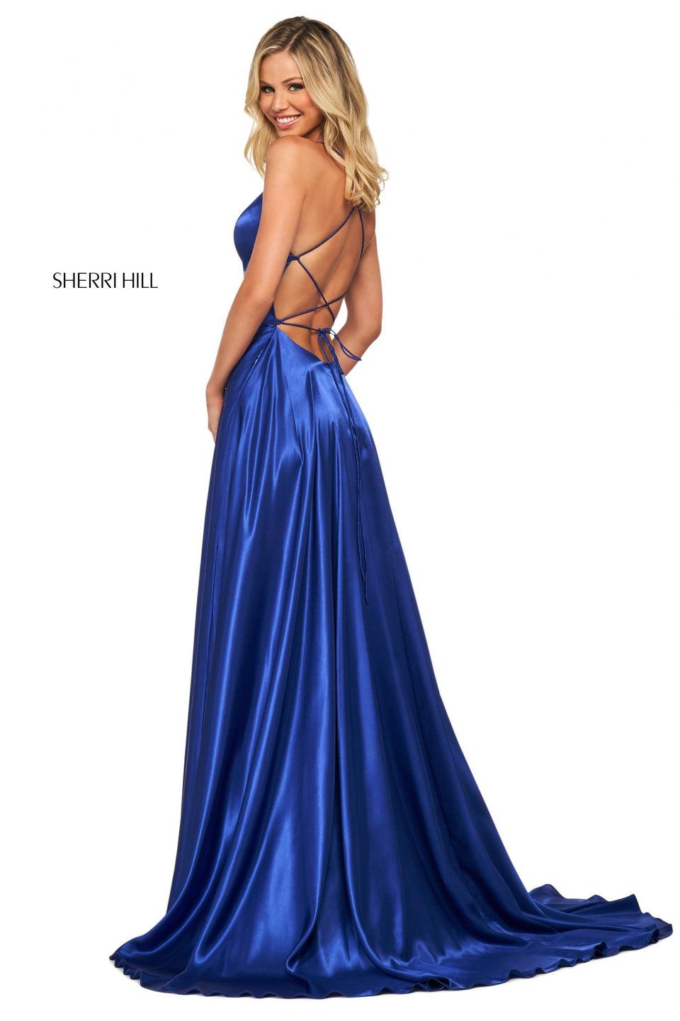 Sherri Hill Charmeuse Gown With Deep Sweetheart Neckline And Strappy Lace Up Back