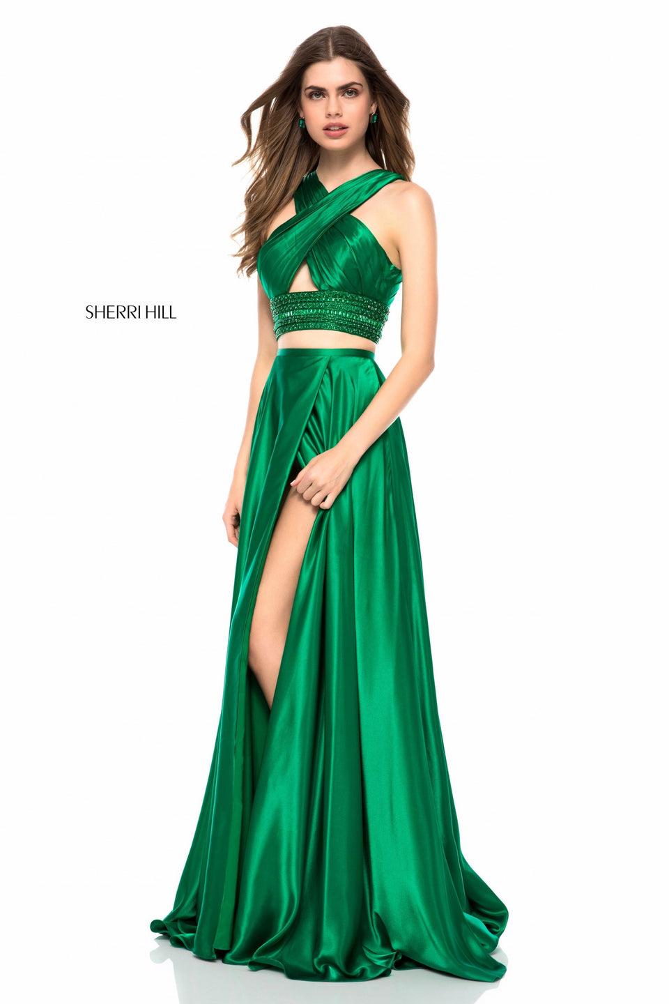 Sherri Hill Charmeuse Gown With Front Cross Keyhole Bodice Beaded Belt And Slit Skirt