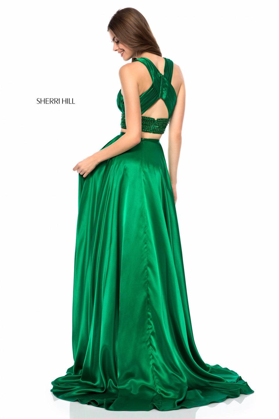 Sherri Hill Charmeuse Gown With Front Cross Keyhole Bodice Beaded Belt And Slit Skirt