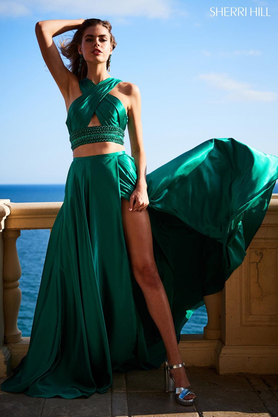 Sherri Hill Charmeuse Gown With Front Cross Keyhole Bodice Beaded Belt And Slit Skirt