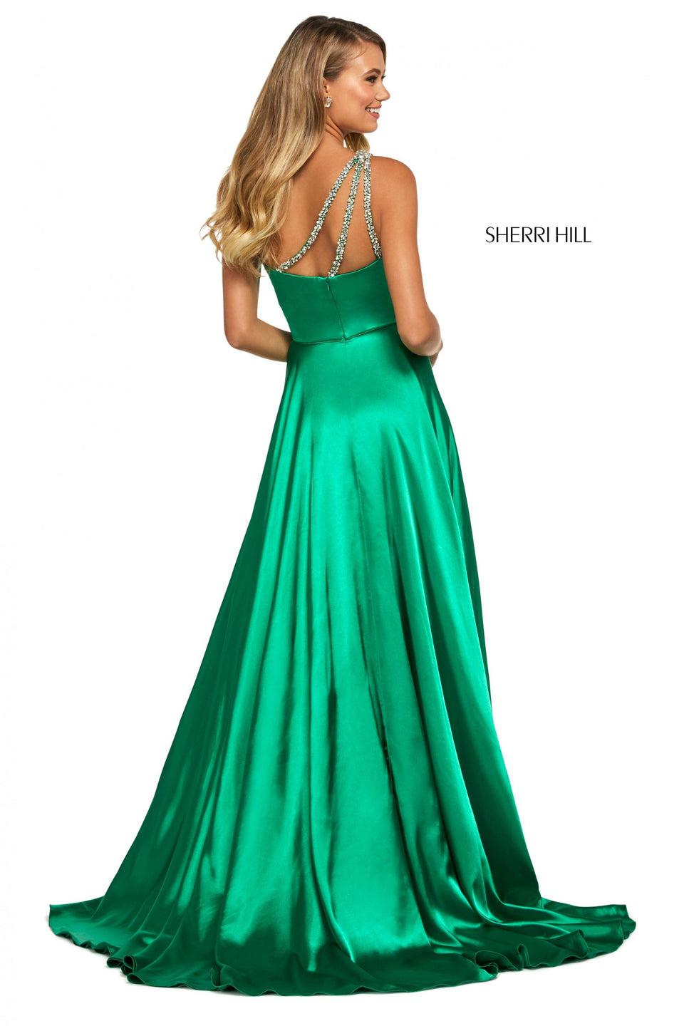 Sherri Hill Charmeuse Gown With One Shoulder Neckline With Beaded Straps And Skirt Slit