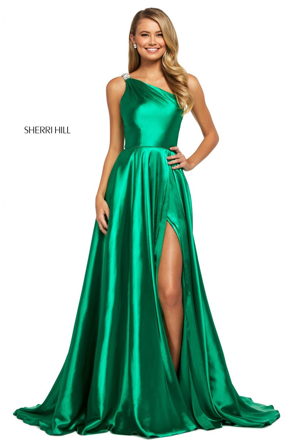 sherri hill Charmeuse gown with one shoulder neckline with beaded straps and skirt slit