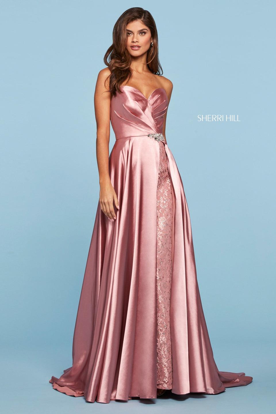 sherri hill Charmeuse gown with pleated bodice with strapless sweetheart neckline embellished waist and lace under layer insert in skirt