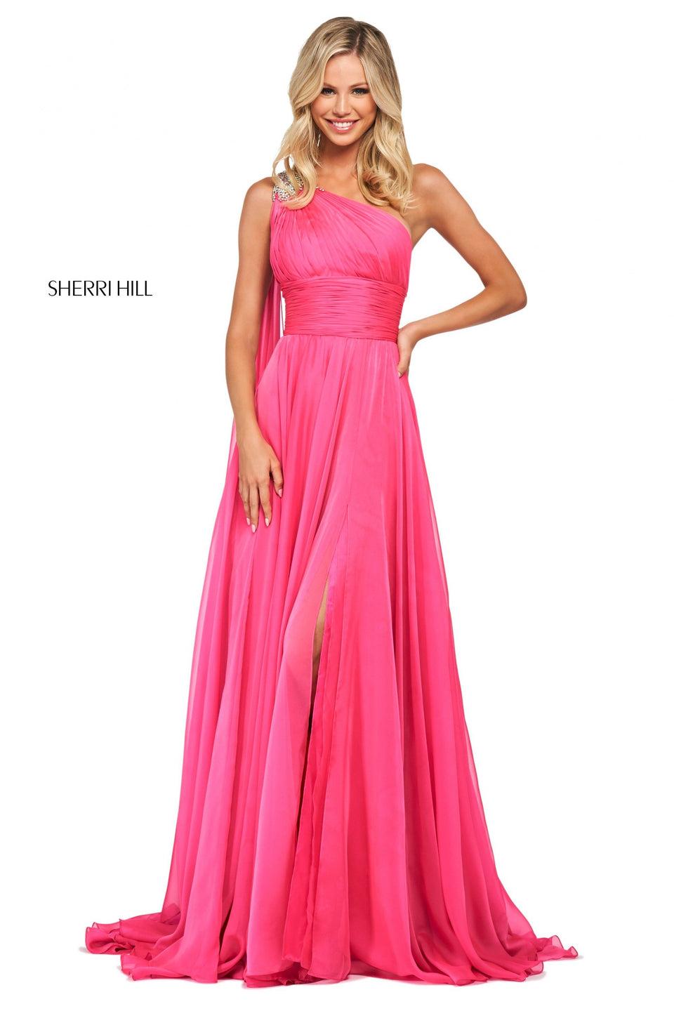 Sherri Hill Charmeuse Gown With Ruched Bodice And One Shoulder Neckline With Embellishments And Train On Shoulder