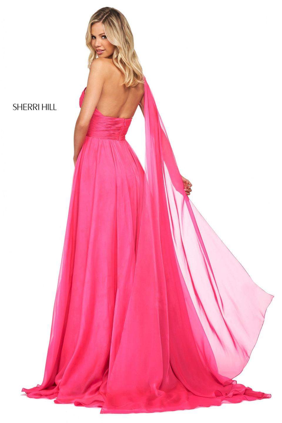 Sherri Hill Charmeuse Gown With Ruched Bodice And One Shoulder Neckline With Embellishments And Train On Shoulder