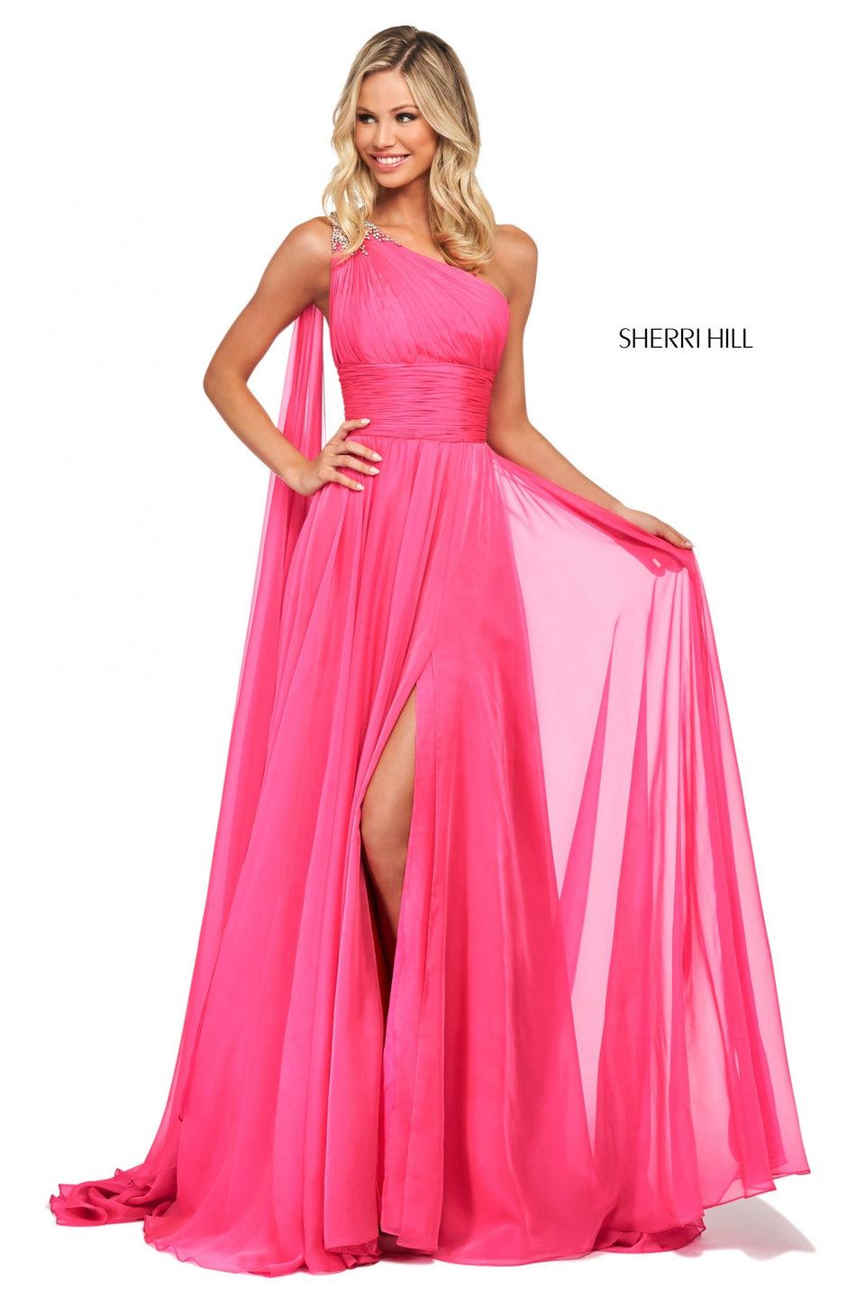 sherri hill Charmeuse gown with ruched bodice and one shoulder neckline with embellishments and train on shoulder