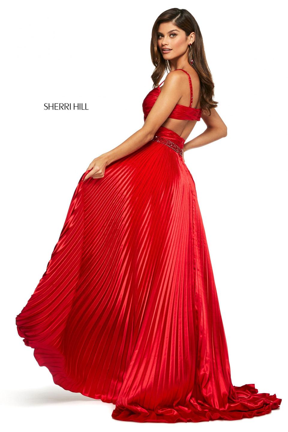 Sherri Hill Charmeuse Gown With Ruched Criss Cross Top Beaded Belt And Straps And Knife Pleated Skirt With Slit