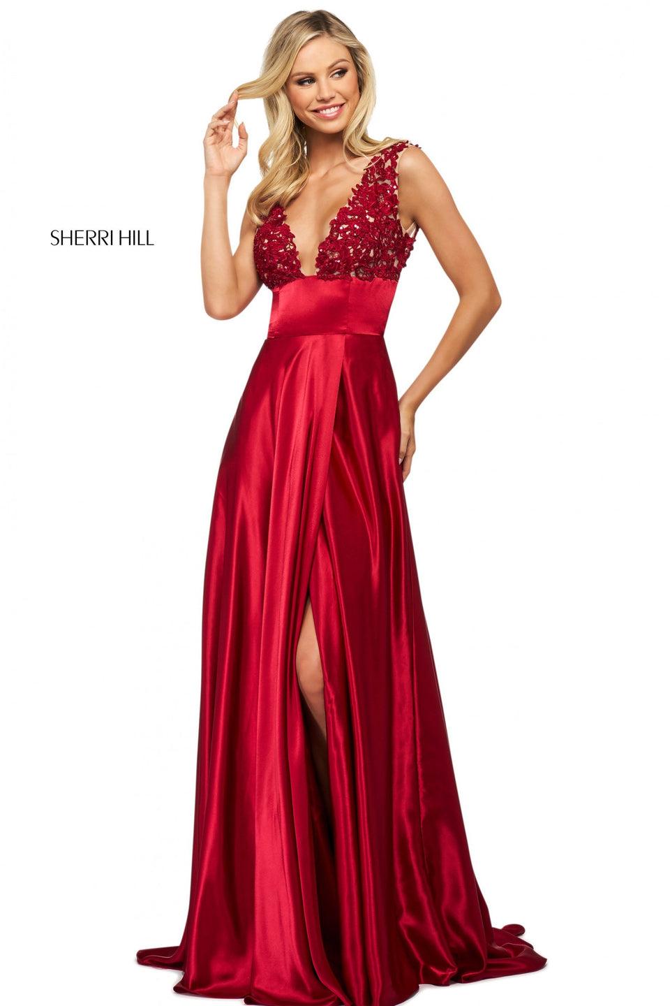 sherri hill Charmeuse gown with skirt slit beaded lace plunging neckline bodice and open lace up back