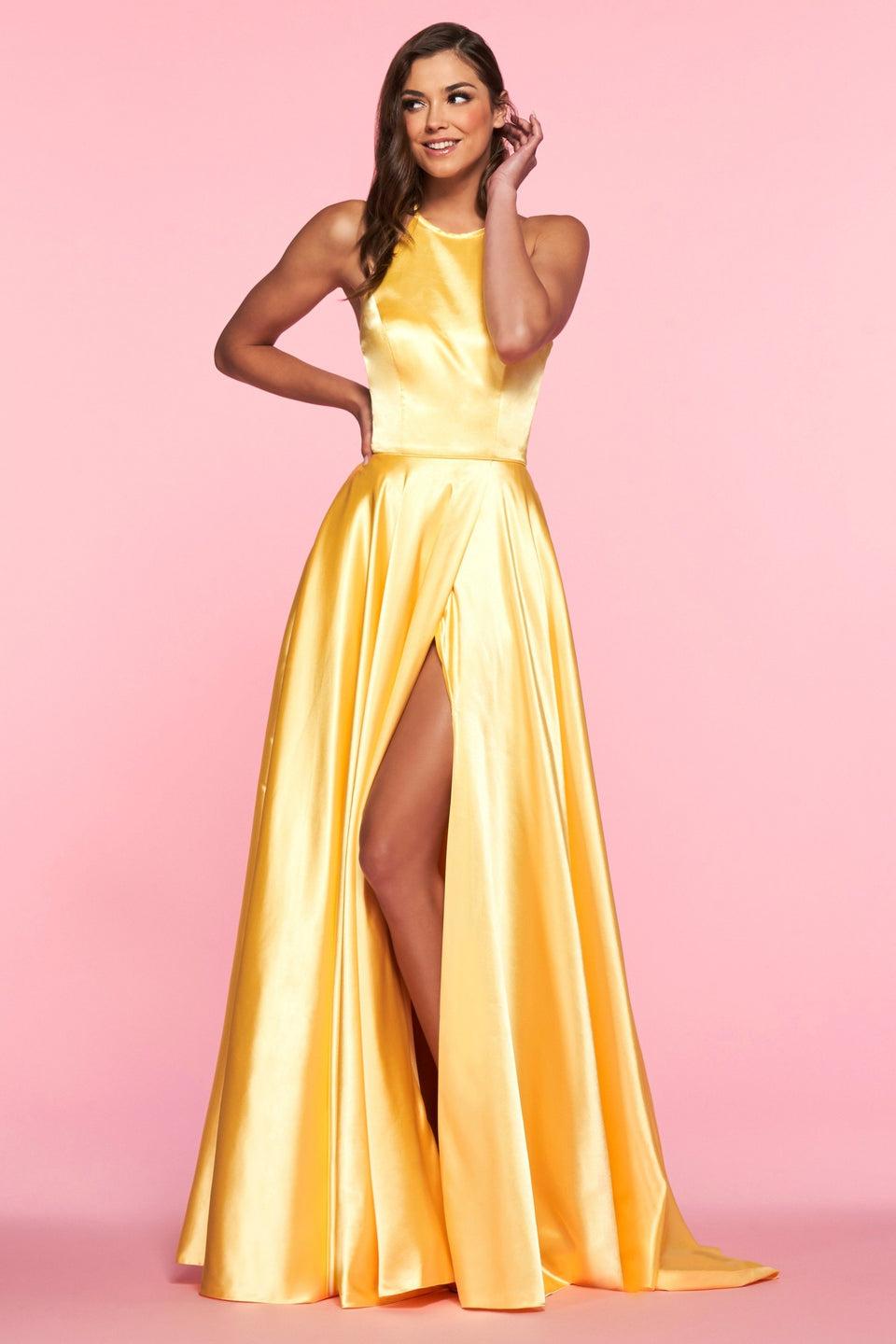 Sherri Hill Charmeuse Halter Top Gown With High Slit