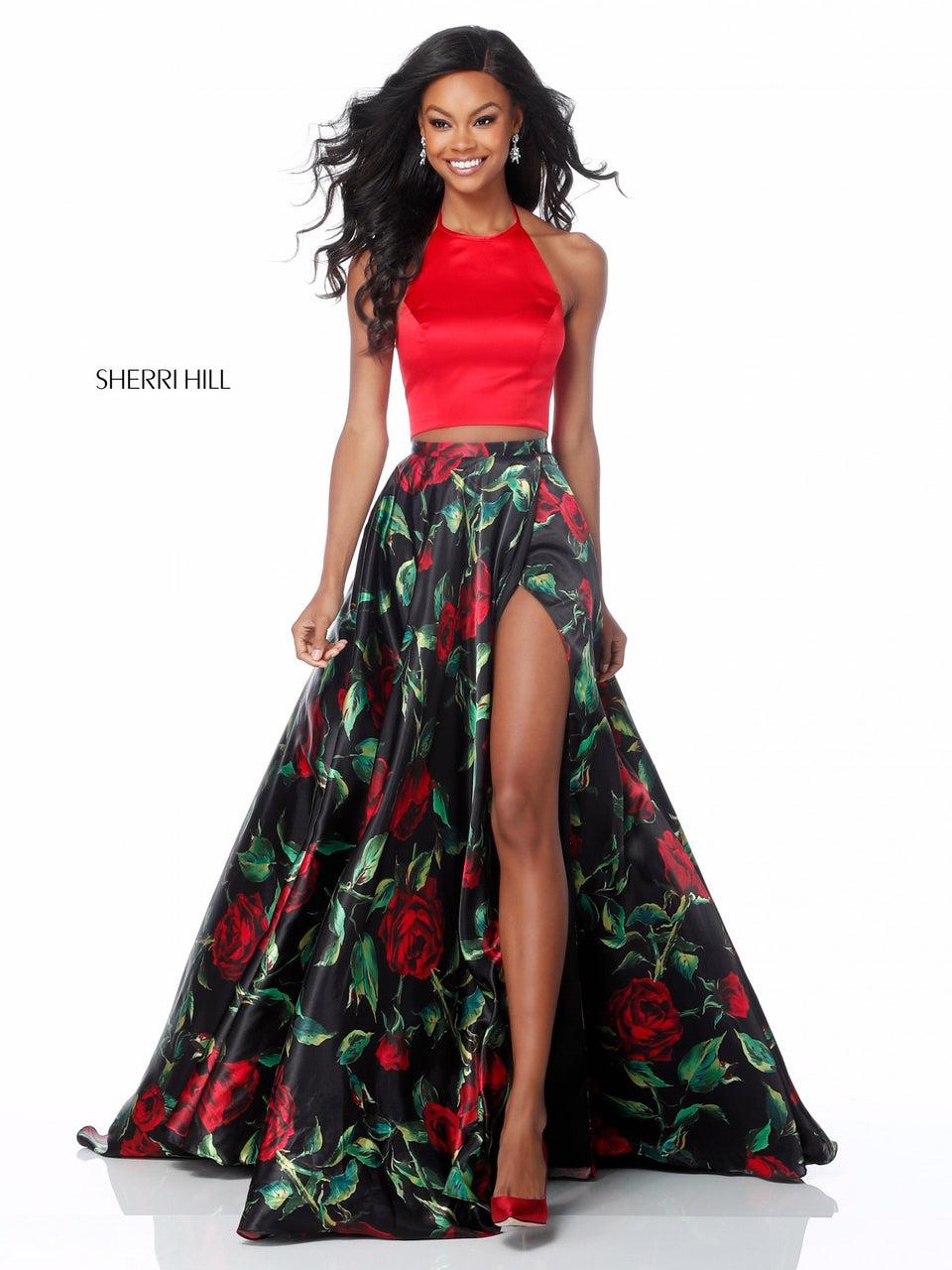 Sherri Hill Charmeuse Two Piece With Halter Bodice And Slit Skirt