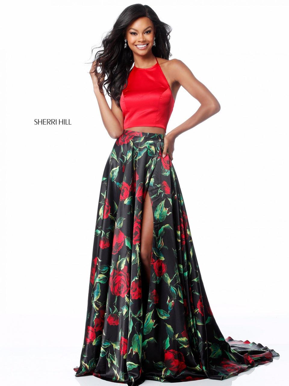 Sherri Hill Charmeuse Two Piece With Halter Bodice And Slit Skirt