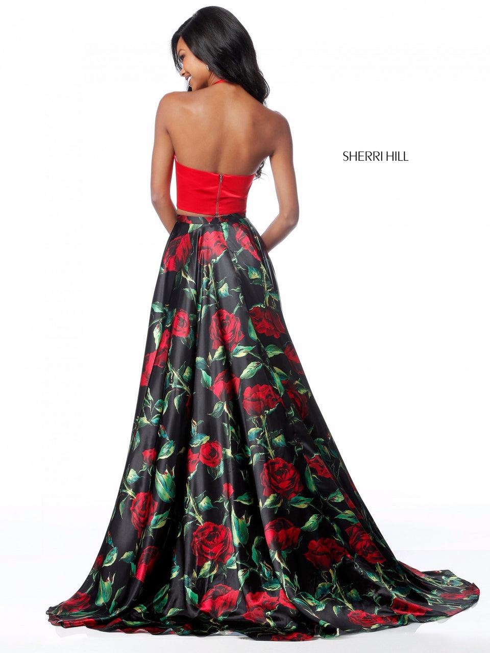 Sherri Hill Charmeuse Two Piece With Halter Bodice And Slit Skirt