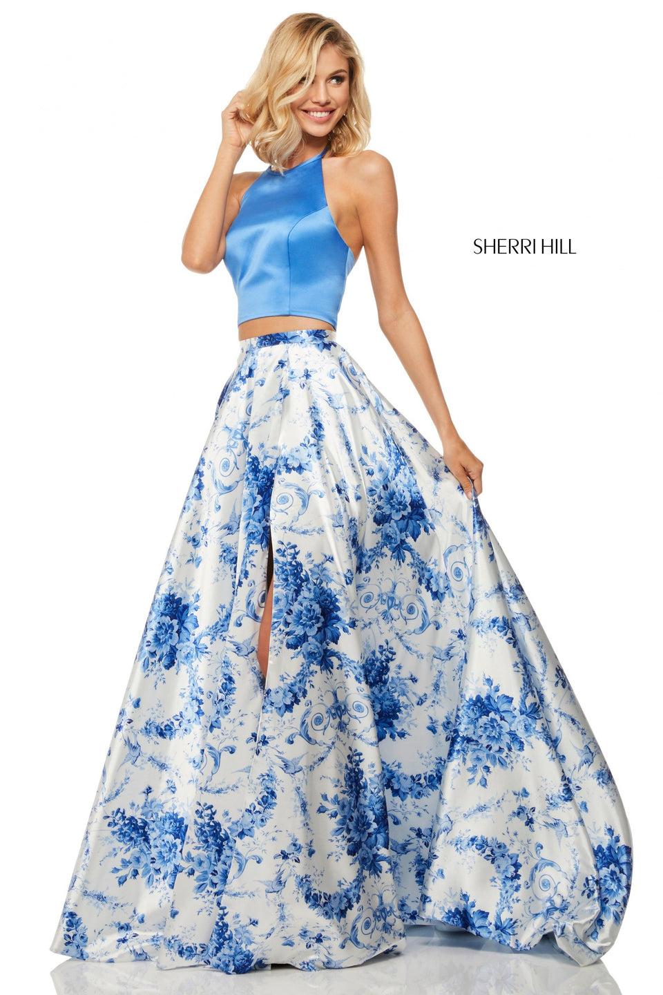 Sherri Hill Charmeuse Two-piece With Ivory Blue Print Skirt With A Slit And High Neck Top