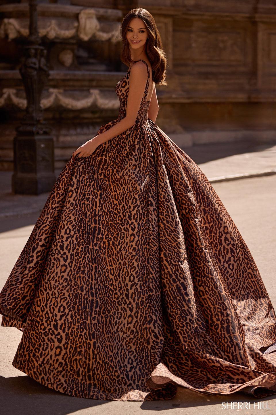 Sherri Hill Cheetah Print Gown With Corset Bodice And Skirt Slit