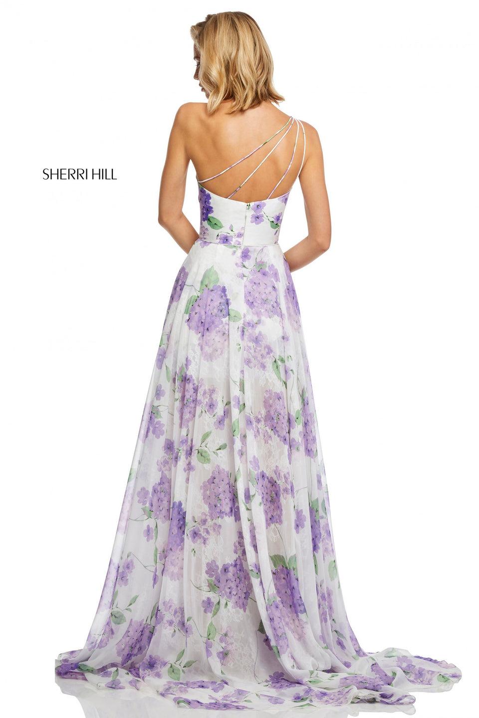 Sherri Hill Chiffon A-line Floral Print Gown With One-shoulder And A Slit