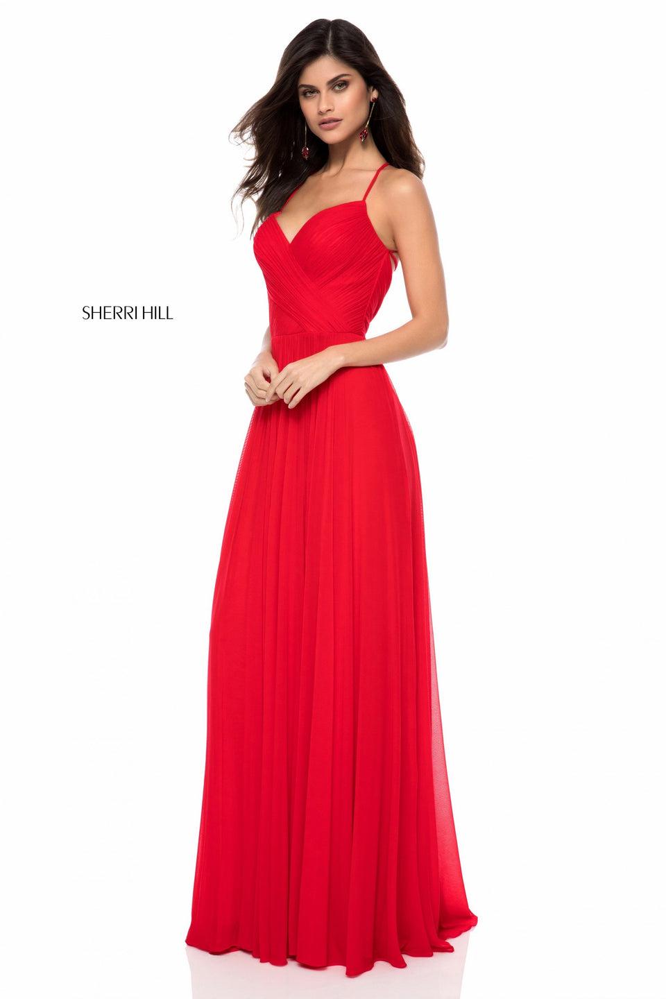 sherri hill Chiffon front cross V neck bodice with criss cross straps in the back