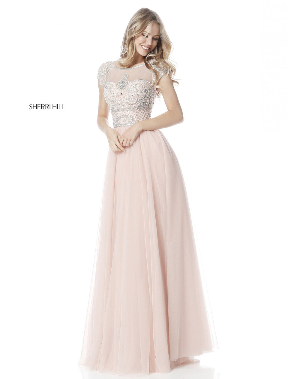 Sherri Hill Chiffon Gown With Beaded Short Sleeved Bodice
