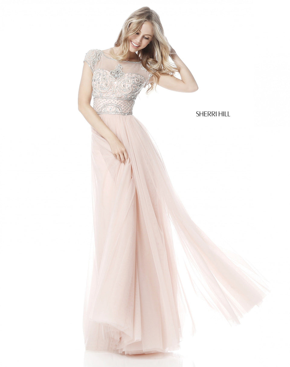 Sherri Hill Chiffon Gown With Beaded Short Sleeved Bodice