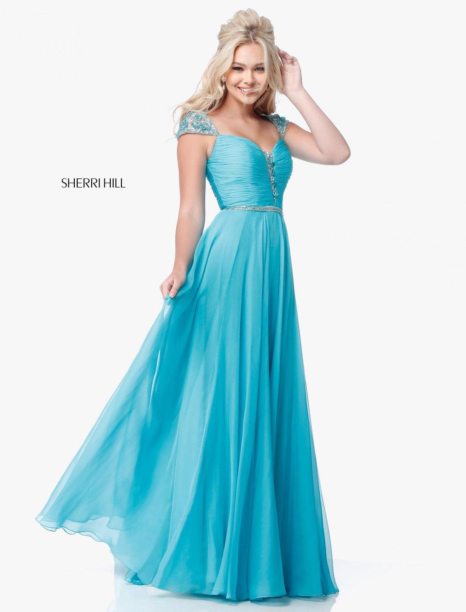 Sherri Hill Chiffon Gown With Beaded Shoulder Belt And V-neck Detail