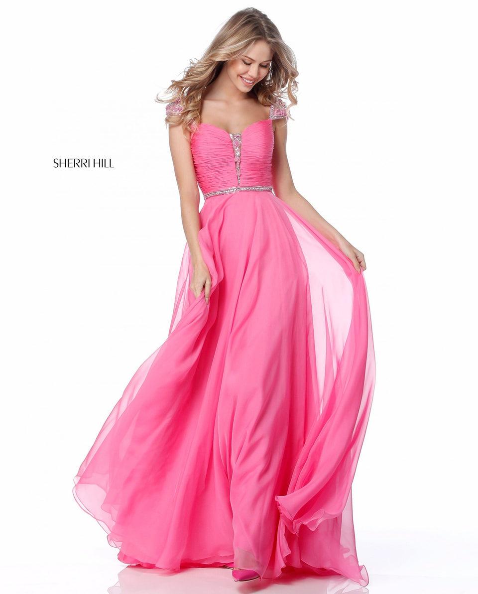 sherri hill Chiffon gown with beaded shoulder belt and V-neck detail