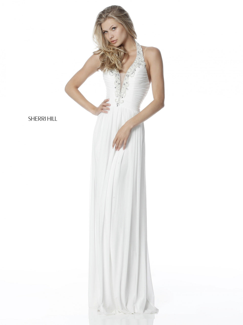Sherri Hill Chiffon Gown With Deep V Beaded Halter Neckline