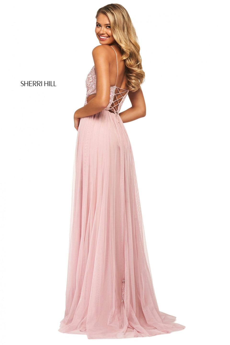 Sherri Hill Chiffon Gown With Gathered Skirt And Beaded Bodice With V Neckline Side Cut Outs And Lace Up Back