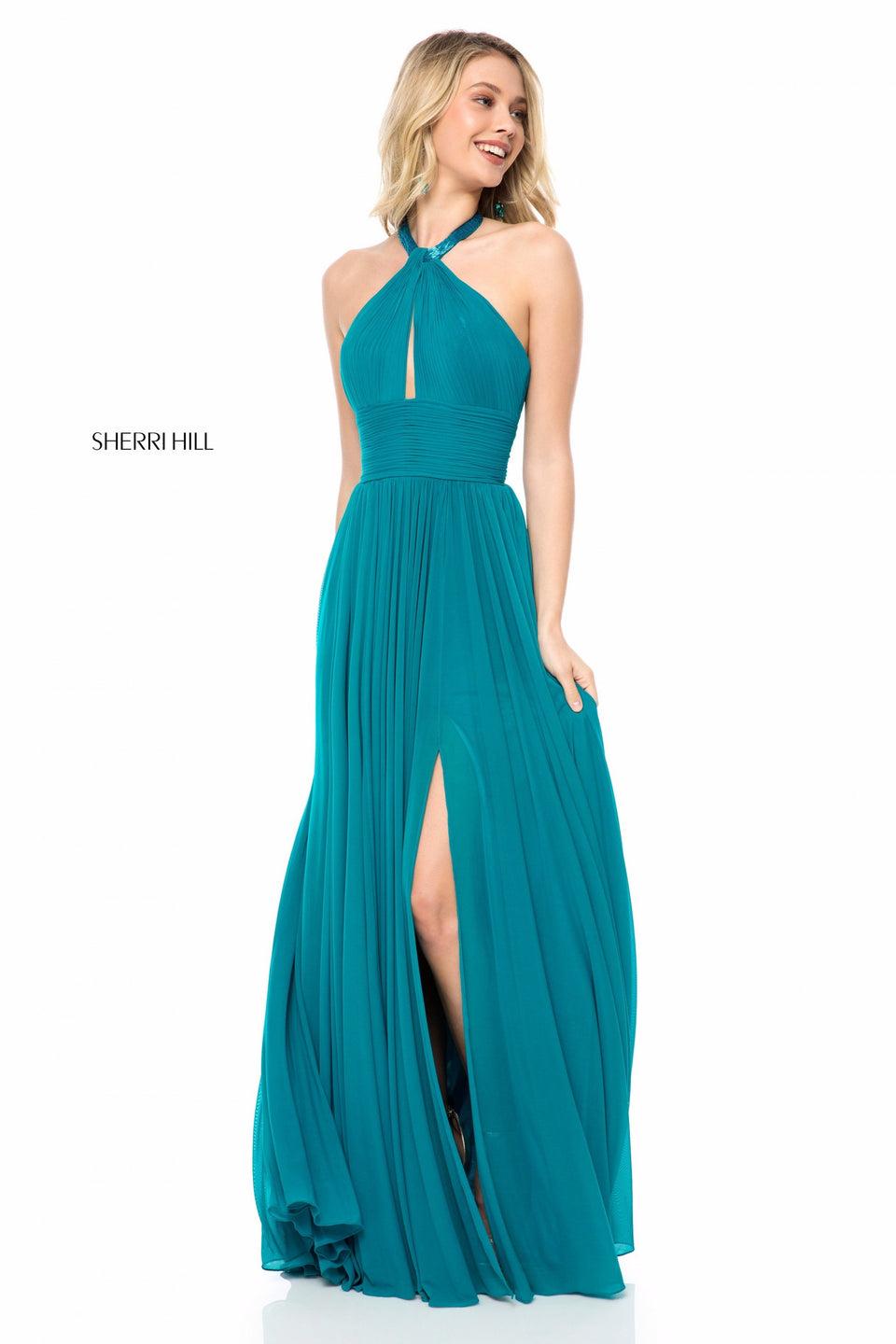 sherri hill Chiffon gown with halter front keyhole bodice and slit skirt