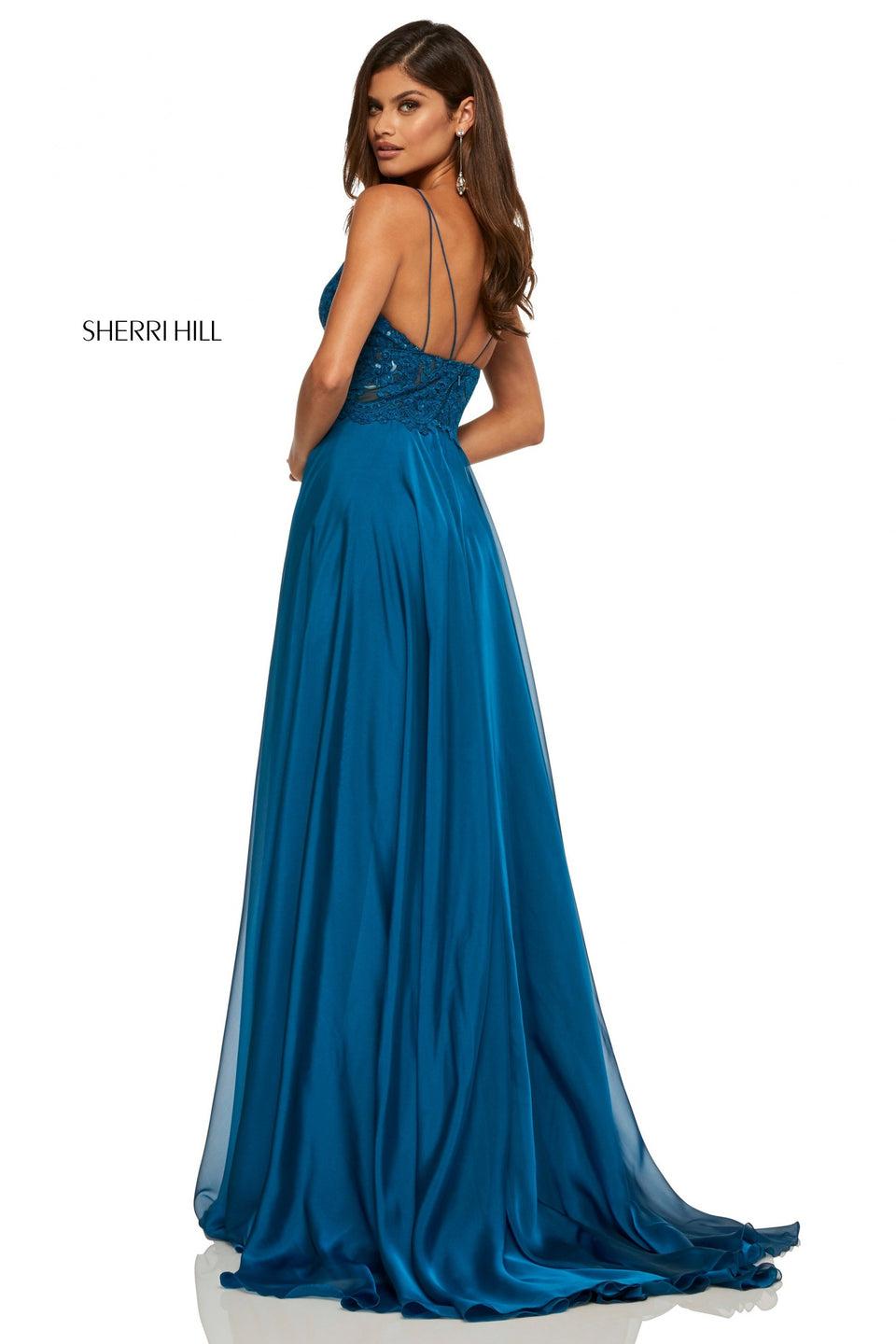 Sherri Hill Chiffon Gown With Lace V-neck Bodice With Spaghetti Straps